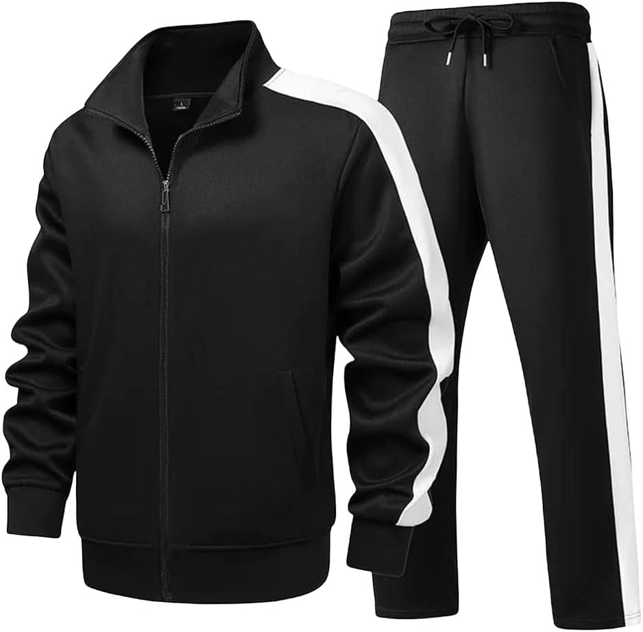 Men's Spring Striped Tracksuit 2 Piece Set Long Sleeve Top Sweatpants with Zip Pockets for Running Jogging Fitness
