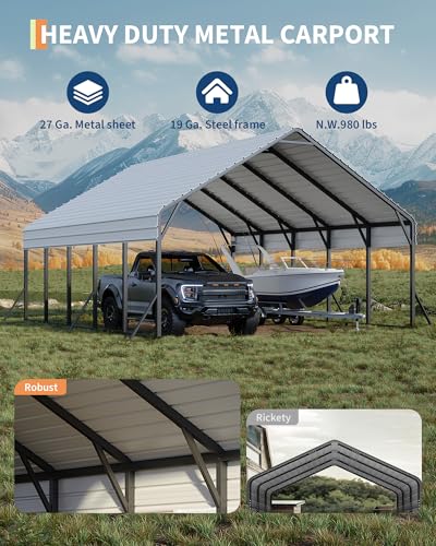 20'x25'x13' Metal Carport for 2 Cars, Heavy Duty Car Ports for Heavy Snow, Reinforced Frame, Tall Metal Car Ports for Bass Boats, Full-Sized Pickup Trucks, and Tractors, N.W. 980 Lbs