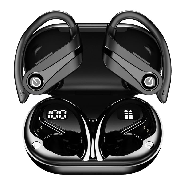Bezprzewodowe słuchawki Bluetooth, redukcja szumów, wysoka pojemność baterii, sportowe słuchawki douszne z bezpiecznym dopasowaniem do biegania i treningów