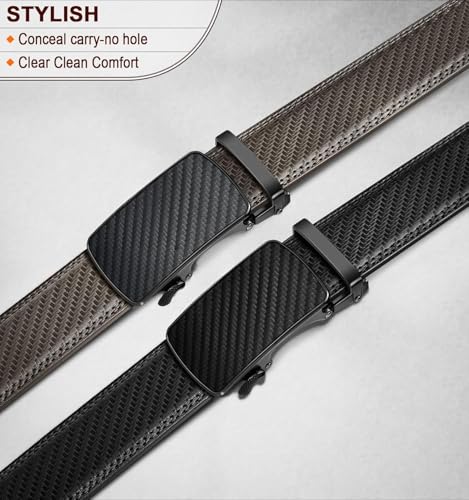 Men Belt 2 Pack, Ratchet Click Sliding Genuine Leather Belt, 1 3/8, Cut for Fit2