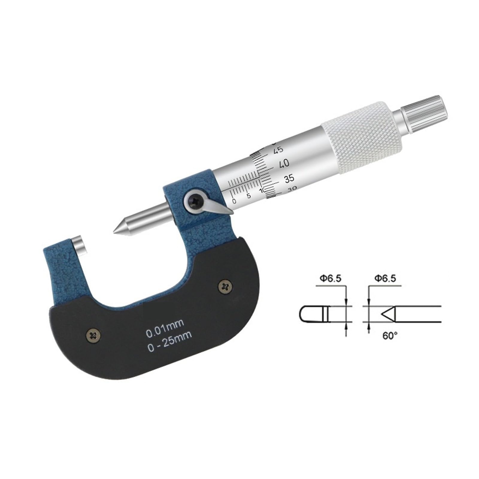 Micrómetro de tornillo mecánico de 0 a 25 mm, calibrador micrométrico, herramienta de medición Mide cualquier cosa(FLAT-POINTED TIP 60°)