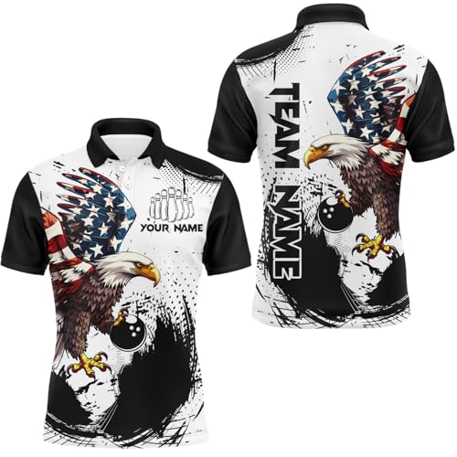 PIONAMZIOZ Personalized Eagle Bowling Shirt| Patriotic Bowling Jersey for Men Women Polo & 1/4 Zip Shirt Team League (US, Alpha, X-Small, 5X-Large, Regular, Regular, Men Polo)