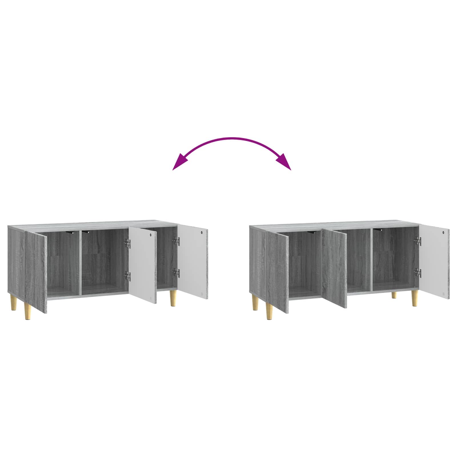 Mobile TV basso grigio sonoma, 99 x 34,5 x 50 cm, mobile TV con 3 ante e gambe coniche, mobile TV in legno, mobile TV vintage per soggiorno e camera da letto