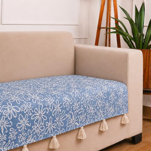 Image of STITCHNEST 'Verdant Phool Stories' 2 Seater Sofa Cover| Elegant Jacquard Fabric, Decorative Tassels, Washable & Durable for Modern Living