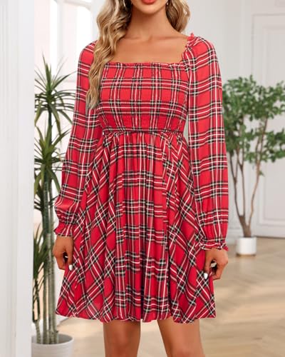 Image of Holipick Women's Casual Square Neck Smocked Dress Shirred Ruffle Puff Sleeve High Waist Cute Flowy A-Line Short Dress