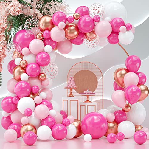 Image of Pink Balloons Arch Kit, 114 Pcs Hot Pink and White Balloons Garland Arch Kit for Baby Shower, Graduation, Wedding, Birthday, Valentine's Party Supplies Decoration