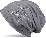 Bundweite: ca. 26cm (stretch) styleBREAKER Beanie Mütze mit Stern Nieten und Strass Applikation, Lochnieten, Unisex 04024049, Farbe:Grau