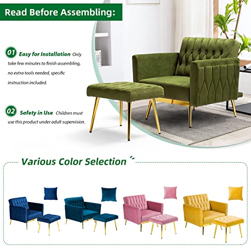 Acmease Velvet Accent Chair W/Adjustable Armrests And Backrest, Button Tufted Lounge Chair, Single Recliner Armchair With Ottoman And Pillow For Living Room, Bedroom,Olive Green #TOP6