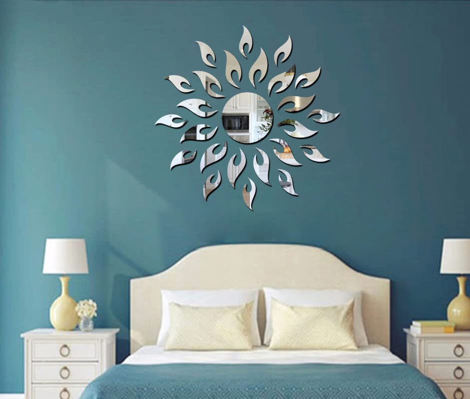 SAAZ SAAR | Sun with Extra Flame | Silver | 3D Acrylic Mirror Wall Sticker | 18 x 18 inches | Decoration for Kids Room | Living Room | Bedroom | Office | Home Wall