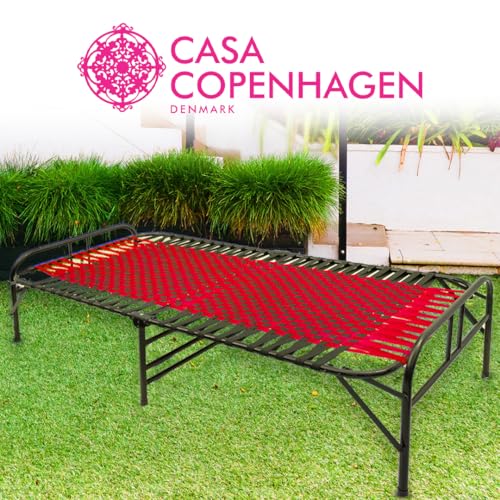 Image of Casa Copenhagen, Portable Single Folding Bed Heavy Duty Metal Cot Khat for Sleeping Bed Space Saving Design Sturdy Synthetic Niwar feet - Red & Charcoal Black