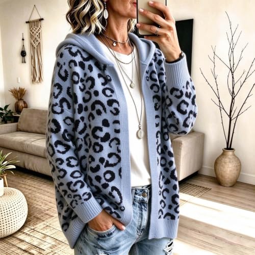Womens Leopard Print Cardigan Sweater Open Front Knit Cardigan with Hood - image 3