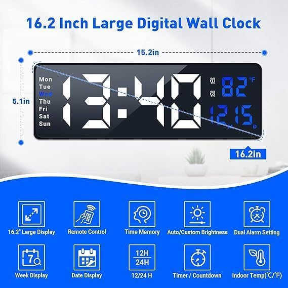 Image of 15-Inch Digital Wall Clock with Large LED Display - Remote Control, Auto-Dimming, Night Light, Date, Day, Temperature, DST Function - Ideal for Living Room, Bedroom (White & Blue)