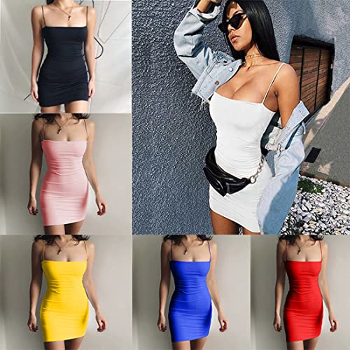Skrsila Damen Kleid Spaghettiträger Minikleid Sexy Partykleid Bodycon Abendkleider Mini Freizeitkleid Einfarbig Unterkleid Figurbetont Cami Kleider