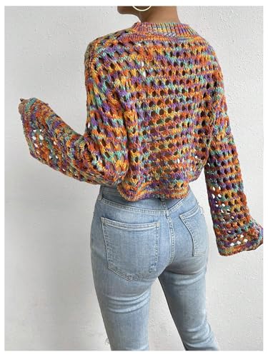 GORGLITTER Women's Colorful Bell Sleeve Crochet Cropped Sweater Lightweight Crewneck Pullover Knit Tops3