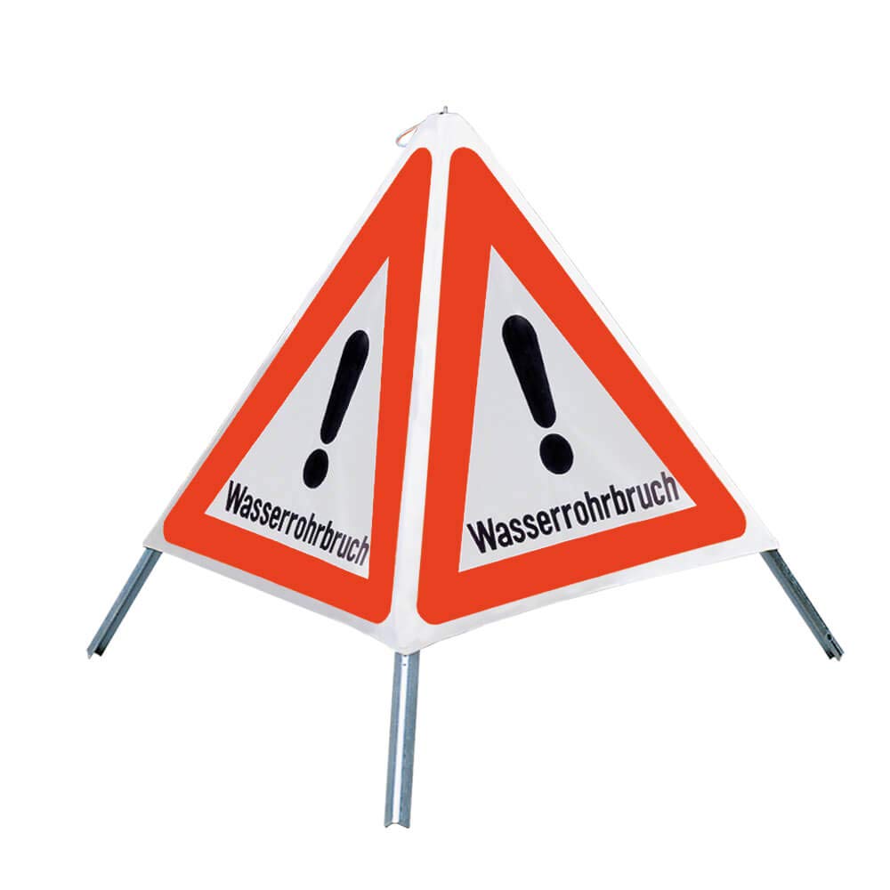 NISSEN Faltsignal mit Warnsymbol Wasserrohrbruch, weiß tagesleuchtend, SL 70 cm aus Kunststoff, Stahl, Art.-Nr. 167060-1 | Faltsignal | Warnpyramide | Warnsymbol