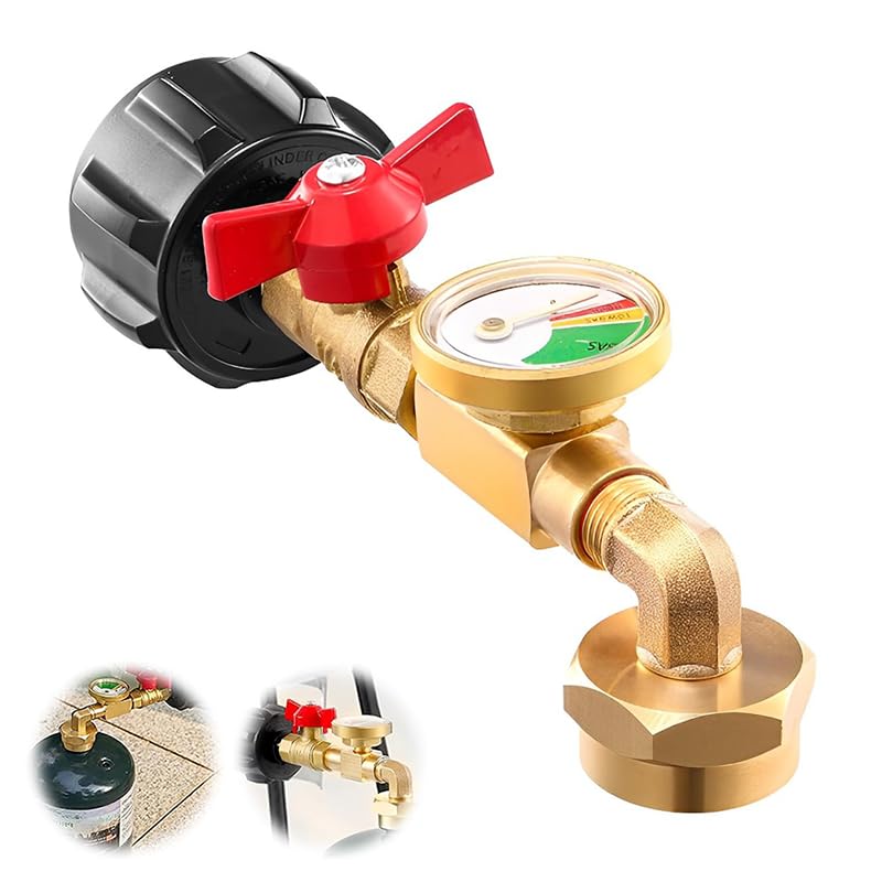 QCC1 Propane Tank Refill Adapter with Gauge, 20lb to 1lb Converter, 90-Degree Elbow Adapter