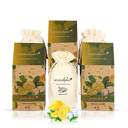 Image of Aromahpure Premium Car Perfume Fragrance Flakes - Virgin Mojito, Luxury Car Air Freshener made Organically with Essential Oil, Grains, and Flakes - 50 Gms, Keeps your car consistently fragrant for 30 days (Pack of 3)