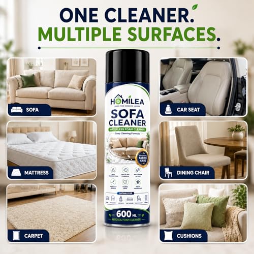 Image of Sofa Cleaner Foam Spray 600ml | Waterless Upholstery Cleaner for Sofa, Carpet, Mattress & Car Seats | Deep Cleaning Foam Removes Stains, Dirt & Odours | Quick Dry Fabric Clean with Fresh Fragrance