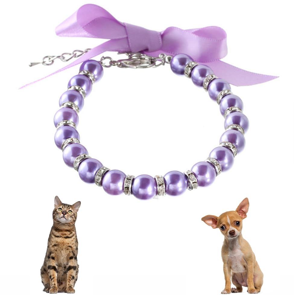 Purple Dog Pearl Necklace Collar & Rhinestones Pearl Cat Collar - Beaded Bling Diamond Jewelry for XXS/XS Small Dogs & Kittens - Perfect for Chihuahua