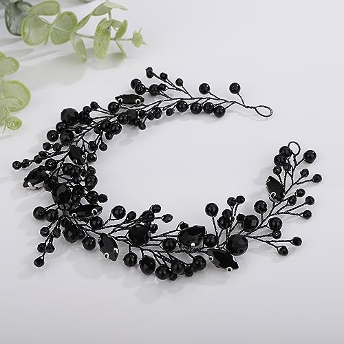 Kercisbeauty Tocado de cuentas de diamantes de imitación negros para mujeres y niñas, joyería de fiesta de Halloween