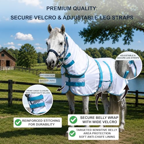 Image of Fly Sheet for Mini Horse /Pony /Foal & Weanling /Yearling /Donkey - Detachable Neck Cover & Belly Wrap, Lightweight Airflow Mesh Summer Sheet for Pasture & Stable, UV Protection White 58 inch