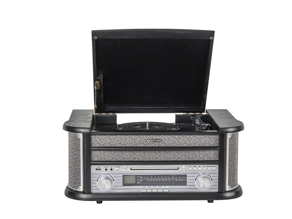 Giradischi in vinile Bluetooth 5.0 multifunzione 5 W RMS, CD, cassetta, FM, registrazione USB
