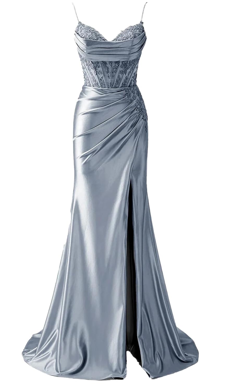 YIANN Spaghetti Strap V Neck Prom Dresses with Lace Applique Slit Dusty Blue Satin Ball Gown Formal Party Dress UK8