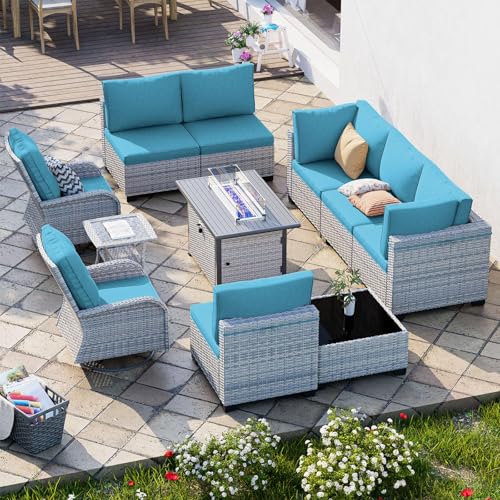 Image of 11-Piece Patio Furniture Set, Outdoor Patio Furniture with 55,000 BTU Fire Pit Table, Swivel Chairs Set, Thick Cushions, Modular Patio Sofa, Dual-Strand Wicker Rattan, Rust-Resistant Frame, Blue