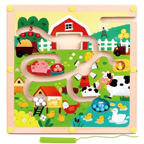 QimuMku Magnetic Color & Number Maze Farm Montessori Wooden Activity Board for Toddlers 15 Counting & Matching Game Fine Motor Skills Toy for 2 3 4 Year Old Boys Girls Road Trip Essentials