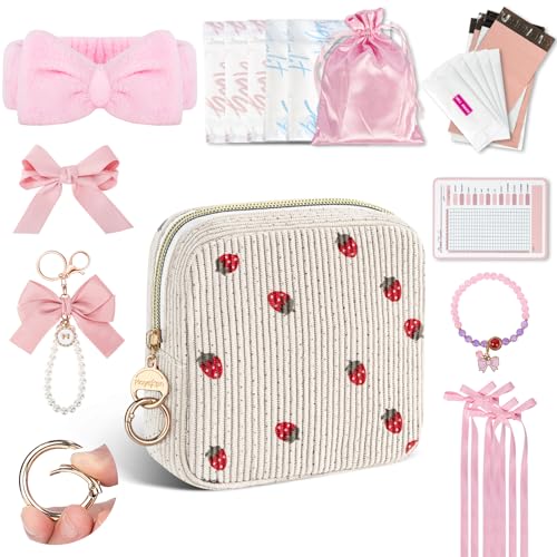 Image of First Period Kit for Teen Girls, Bow Tie Corduroy Cute Sanitary Napkin Storage Bag, Menstrual Pad Bag Tampon Holder for Purse, First Period Gifts, Birthday /Christmas Gifts (Strawberry)