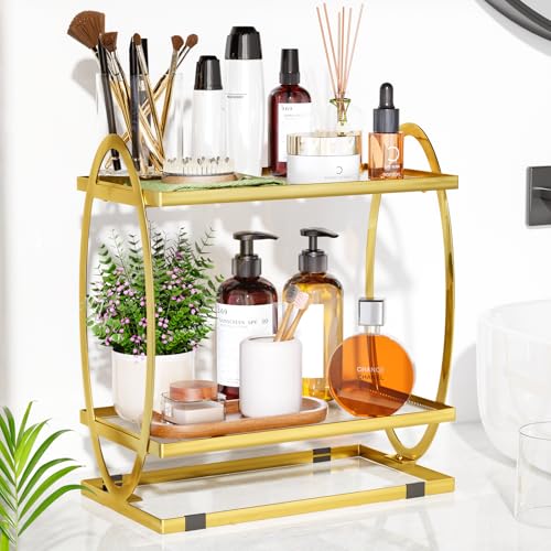 REFGY Gold Perfume Organizer 2 Tier, Premium Metal Fragrance Stand Display and Skincare Cosmetic Holder, Modern Countertop Bathroom Organizer for Vanity, Dresser & Kitchen, Gold Finish by REFGY - Used condition - US$11.88