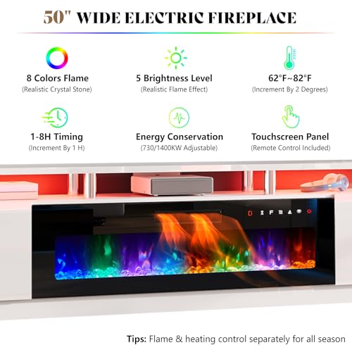 Image of AMERLIFE 90 inch High-Gloss Fireplace TV Stand with 50 inch Electric Fireplace | White /Black LED TV Console, Modern Living Room Entertainment Center, Fits TVs up to 100 inch, 2 Cabinets, 2-Tier Storage Space