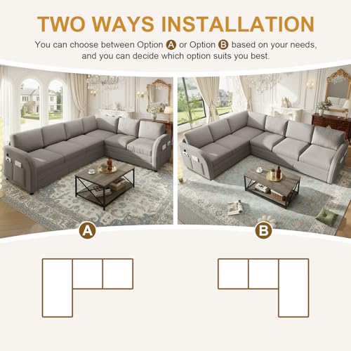 Image of KCGKCG 115.2 inch L Shaped Couch Bed, Sectional Couches for Living Room, Teddy Fabric Sleeper Sofa Bed with Pull Out Couch, Convertible Sectional Couch with Charging Station & Side Pocket, Light Grey