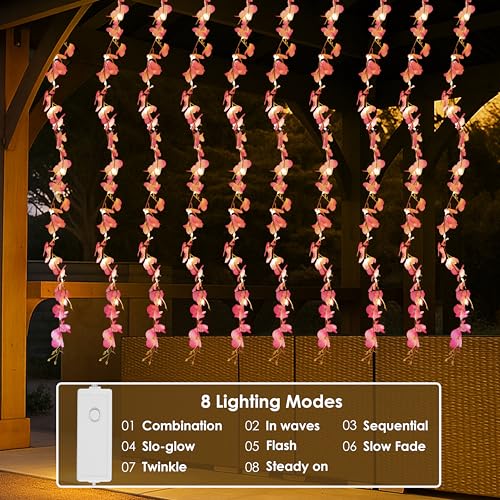 Image of Gesto Pink Artificial Flower Curtain LED String Lights - 200 LED Warm White Fairy Lights with 8 Modes | AC Plug Mesh Curtain Lights for Balcony, Bedroom,Home,Diwali Decoration Hanging Lights (10x3 Ft)