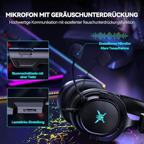 TECKNET Kabelgebundenes Gaming Headset mit Mikrofon, 3,5 mm Klinke, Stereo Surround Sound, LED-Beleuchtung, Over-Ear Kopfhörer, Gaming Kopfhörer für PC, PS4, PS5, Xbox Series X, Switch, Mac & Laptops – Bild 4