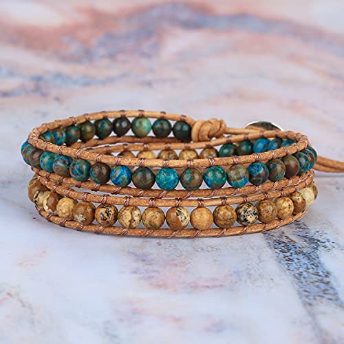 Image of KELITCH Double Wrap Bracelet Women Hand-Braided Turquoise Beads Bracelets Boho Leather Bracelets Bangle