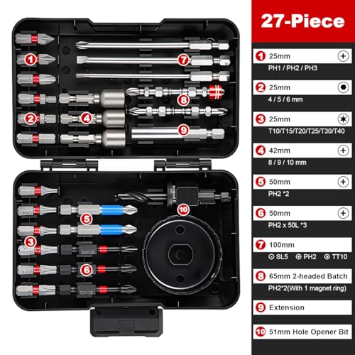 Image of Serplex 27-Piece Screwdriver Bit & Drill Accessory Set, Impact Ready Magnetic Bit Kit with Phillips, Slotted, Torx, Hex, Hole Saw, Flexible Shaft & Socket Adapters for Power Drill & Driver