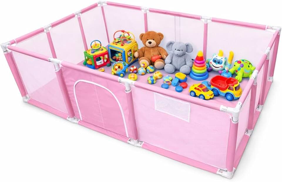 Cercadinho Bebê Grande 1,82x1,22m com Zíper e Tela Respirável – Chiqueirinho Infantil Dobrável com Base Reforçada 64cm Altura (Rosa)
