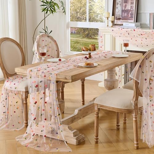 6PCS Pink Floral Table Runner 10 FT, Embroidery Daisy Table Runners Seasonal Spring Summer Sheer Tulle Dining Table Decor for Home Party Birthday Decor 29x120 Inch by Hugestar - Used condition - Image 4