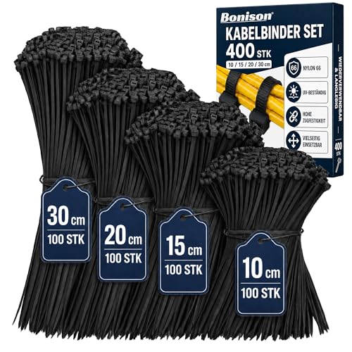 400 Stück Kabelbinder Schwarz Set 100/150/200/300mm Nylon Wiederverwendbare & UV Beständig Selbsthemmend Hochbelastbare für Kabelmanagement Gartenarbeit Wohnen Werkstätten Hochbelastbar