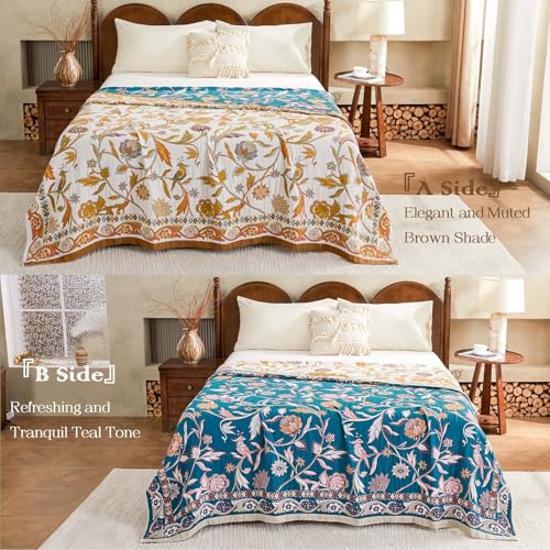 Image of XIBLC Fall Throw Blanket for Couch, Brown Boho Decorative Throw Blanket, 100% Cotton Muslin Breathable Woven Farmhouse Blankets Quilt, 50 inchx60 inch Reversible Lightweight Blankets Bohemian Throw Quilt