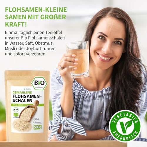 D&O Nature Products Flohsamenschalen Gemahlen Bio 500g, 99% Reinheit in Deutschland kontrolliert und abgefüllt, Vegan Glutenfrei Ballaststoffreich Low Carb, Flohsamen Pulver