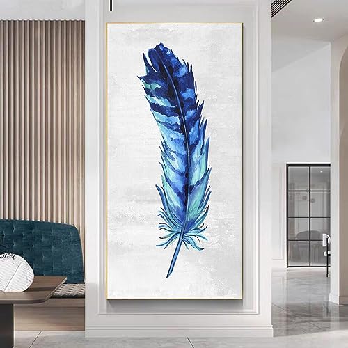 Toile plume bleue moderne abstrait affiche aquarelle décoration murale salon 80x160