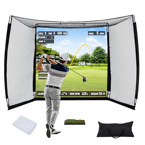 GoSports Range Cage Golf Net Review 3 RUNFREELY 10x8ft Golf Practice Net with Impact Screen and Golf Mat, Heavy Duty Steel Frame Golf Hitting Net & Range Cage Design for Golf Simulator Indoor Trainin