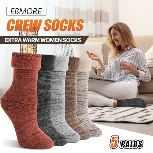 Image of EBMORE 5 Pairs Women Merino Wool Boot Socks Warm Thermal Winter Thick Hiking Cozy Cabin Crew Comfy Socks for Ladies