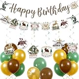 Hunting Themed Birthday Party Decorations - Hunting Theme Happy Birthday Banner with Garland, Green Gold Brown Latex Balloons and Hanging Swirls Decor for Men Kids Boys Party Supplies