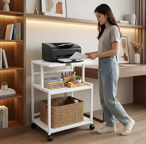 Image of Premium Metal Iron White Printer Stand with Wheels - Heavy-Duty & Stylish Storage for Printers, Files, and Essentials - Durable, Modern & Perfect for Homes & Offices (White)