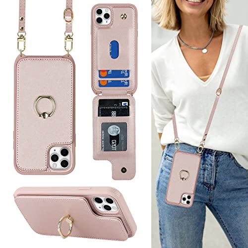 Image of for iPhone 11 Pro Phone Case with Card Holder and Strap for Women,Crossbody Lanyard,RFID Blocking,Kickstand Ring Stand,Snap Clasp,Phone Wallet Cases 5.8 inch(Rose Gold)