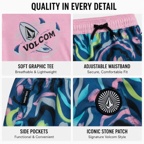 Image of Volcom Baby Boys Swim Set - 2 Piece Short Sleeve Swim Shirt Graphic Tees & Board Shorts - Infant Toddler Little Boys Swimsuit