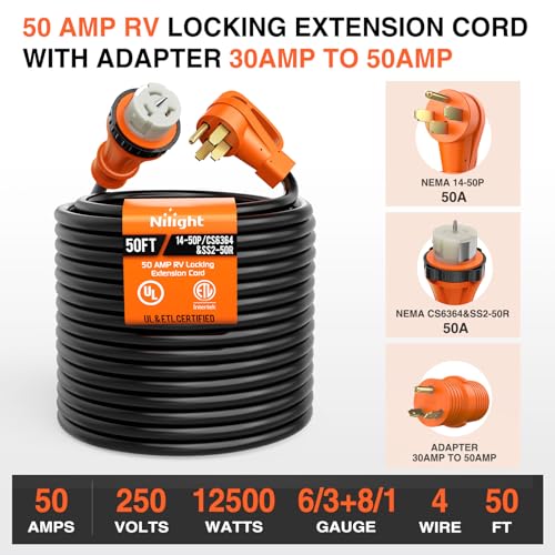 Image of Nilight 50 Amp 50FT RV Locking Extension Cord with Adapter 30Amp to 50Amp 250V Heavy Duty 6 /3+8 /1 Gauge Pure Copper STW Wire ETL Listed 4 Prong 14-50P CS6364&SS2-50R Cable Suit for Campers Caravan